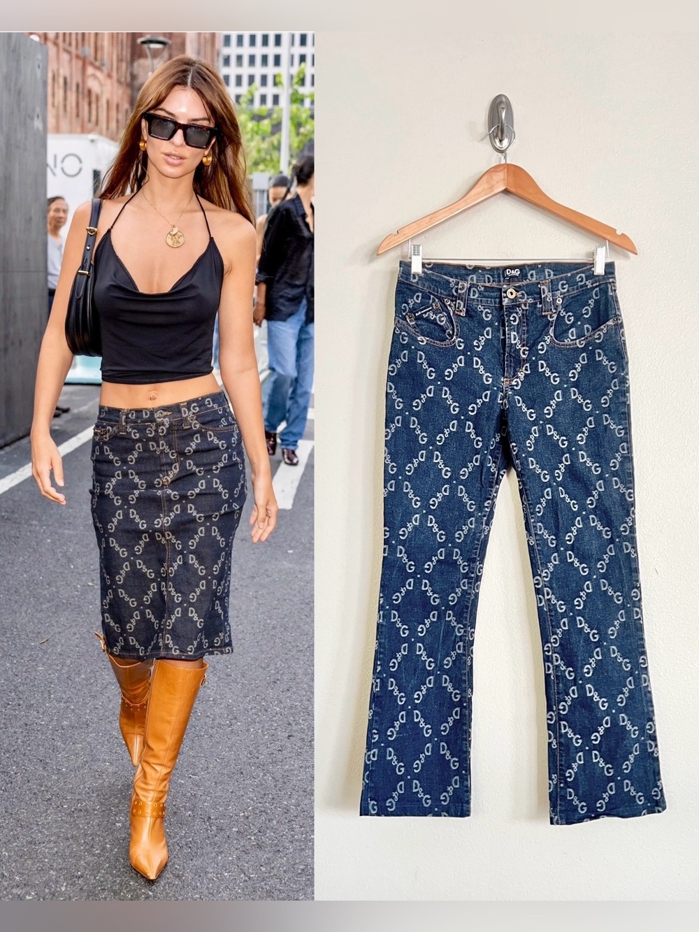 Vintage DOLCE & GABBANA D&G F/W 2002 Logo Diamond Printed Crop Jeans in Blue